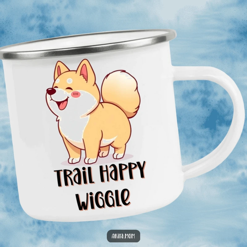 Funny Kawaii Akita camping mug showing a happy dog doing a tail-wagging wiggle, perfect for trail enthusiasts.