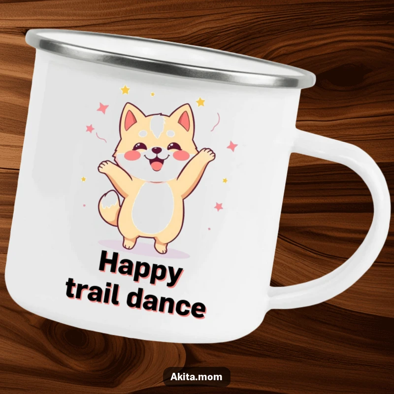 Funny Kawaii Akita dog camping mug, depicting a happy dog performing a celebratory dance, perfect for outdoor enthusiasts.