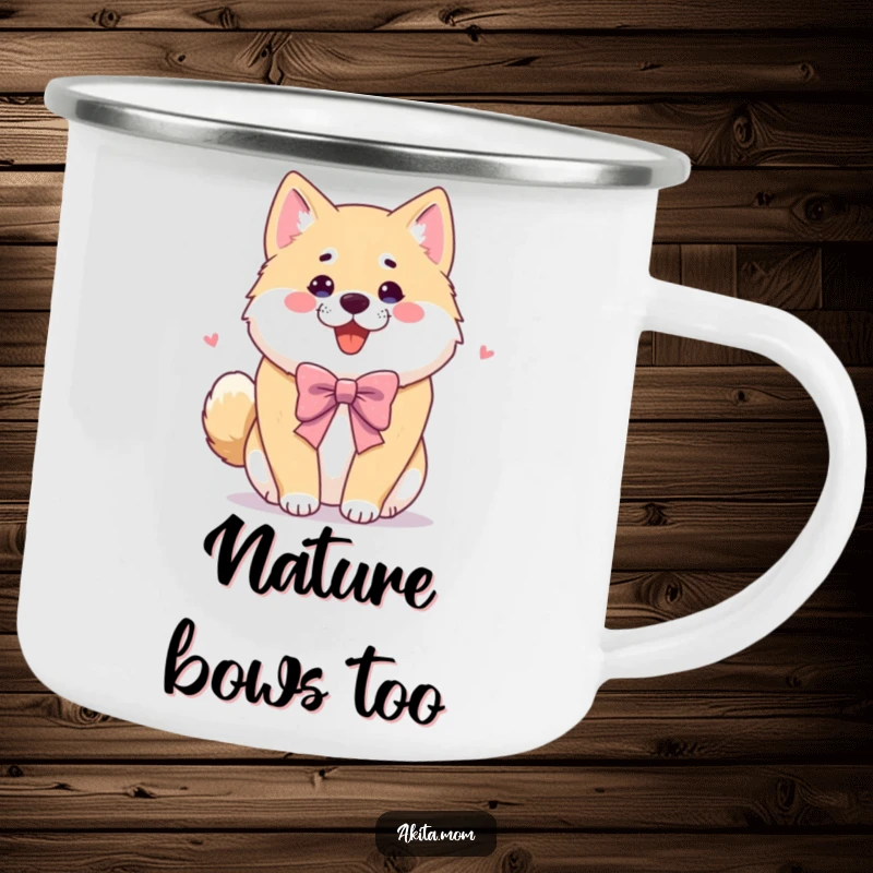 Funny Akita camping mug featuring a dog in a playful bow. Humorous and durable outdoor gift.