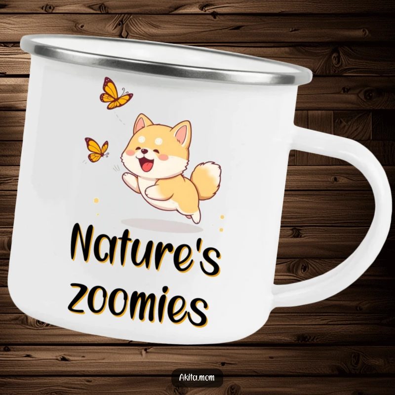 Funny Akita cub camping mug featuring a happy puppy chasing a butterfly, designed for outdoor enthusiasts and dog lovers alike.