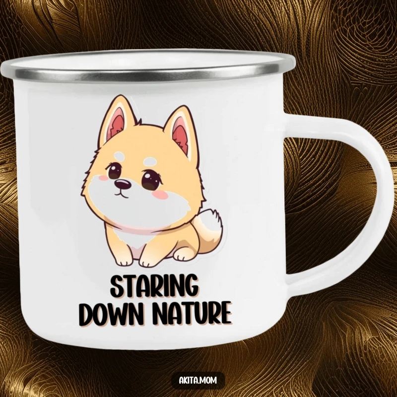 Funny Kawaii Akita camping mug featuring a dog with intense concentration, staring intently at a distant point, perfect for adventurers.