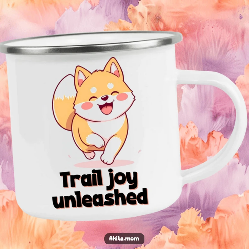 Funny Kawaii Akita camping mug with a trotting dog. Humorous and durable for outdoor adventures and drinks.