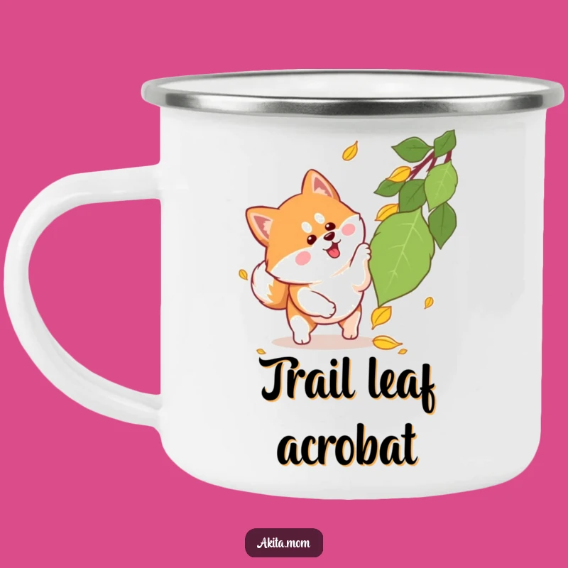 Funny Kawaii Akita Pouncing Leaf Camping Mug: Outdoor Dog Adventure Gift!