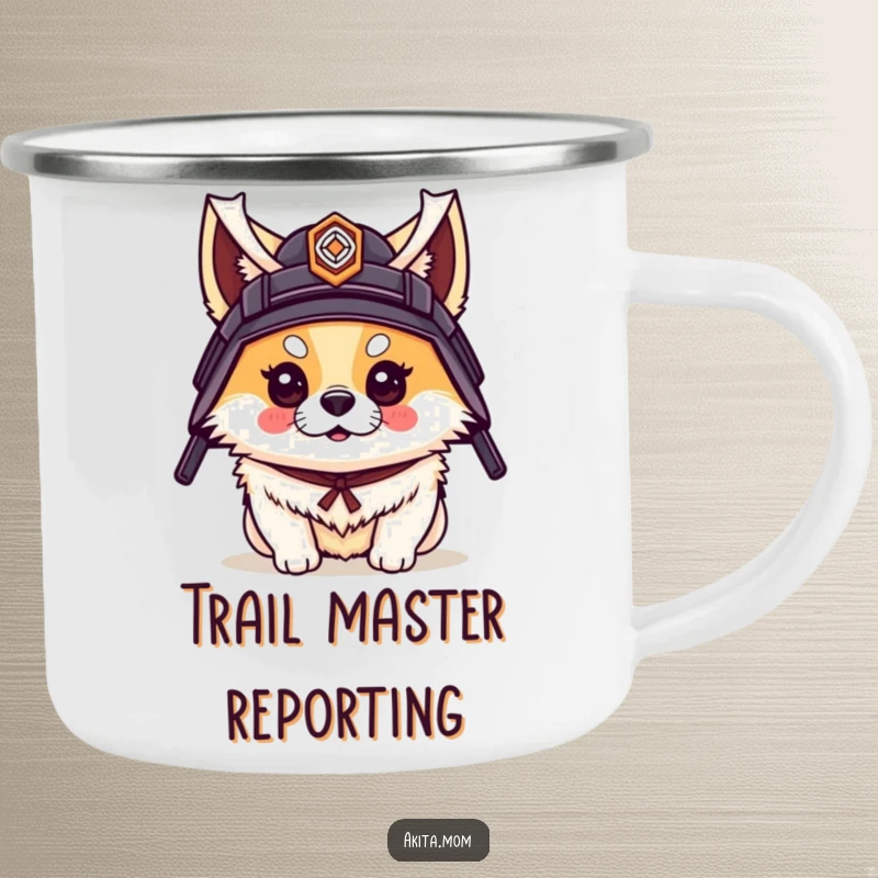 Funny camping mug featuring an Akita dog wearing a small samurai helmet, ready for outdoor quests.