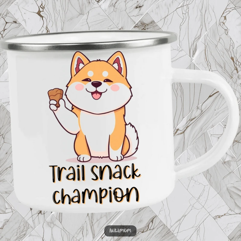 Funny Kawaii Akita camping mug, a happy dog holding a treat, built for adventure and smiles.