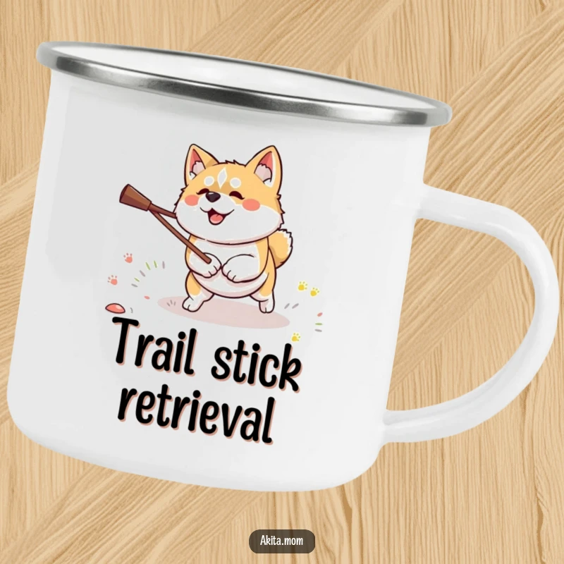 Funny Kawaii Akita dog camping mug, showing a dog with determination fetching a stick, perfect for outdoor focus.