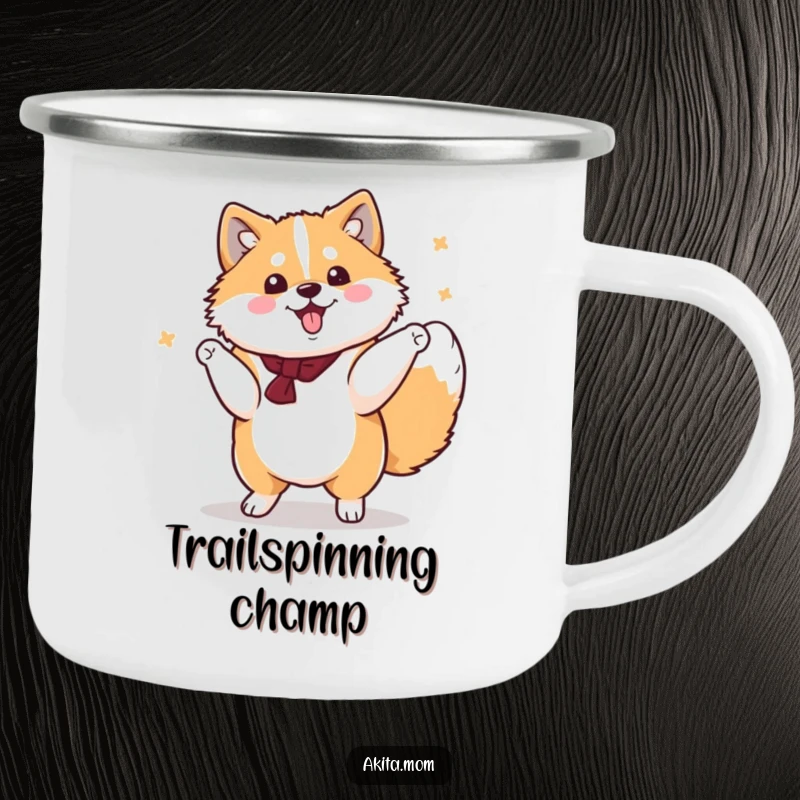 Funny Kawaii Akita Camping Mug, a cute dog performing a dignified yet cheerful spin, a humorous and durable outdoor mug.