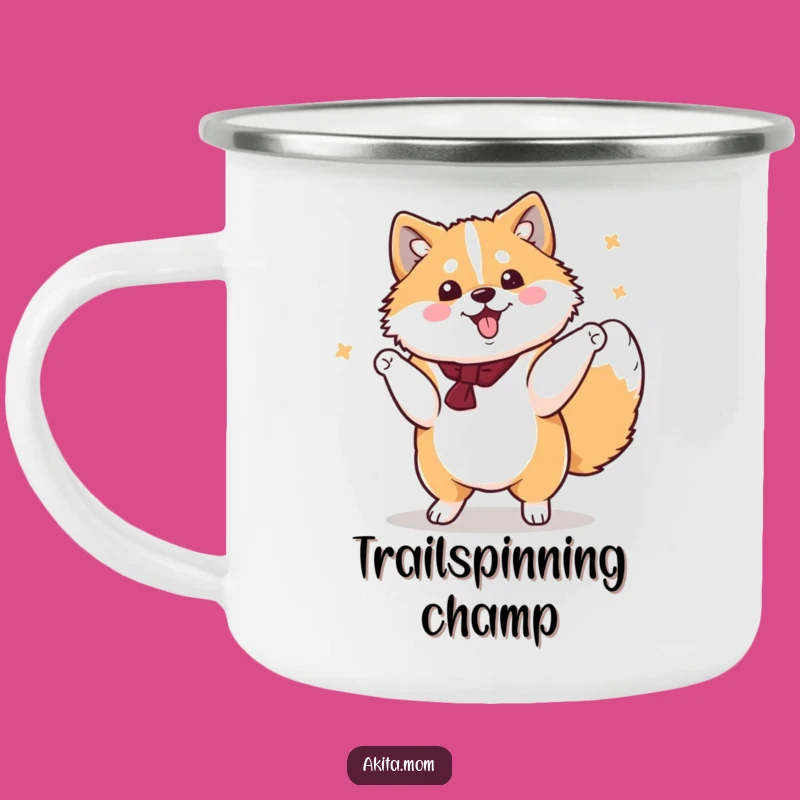 Trail Twirls: Funny Kawaii Akita Spin Camping Mug