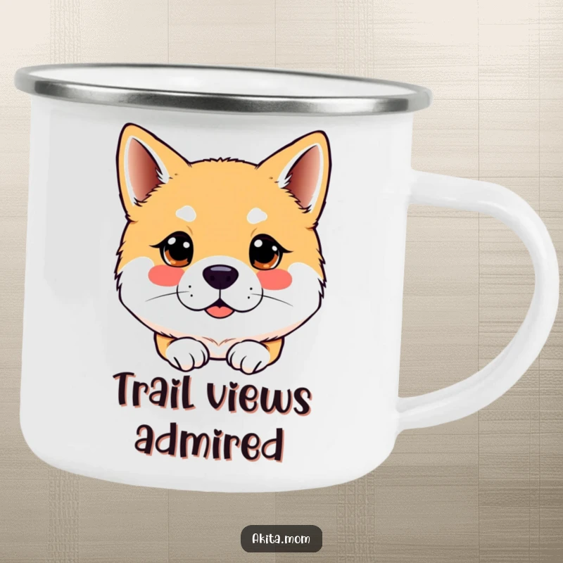 Funny Kawaii Akita dog camping mug, showing an attentive gaze, perfect for outdoor use with a sense of vigilance and humor.