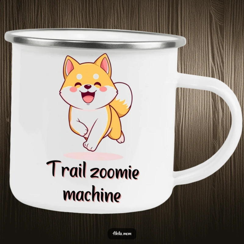 Funny Kawaii Akita camping mug, a happy dog energetically trotting with a curved tail, built for adventure.