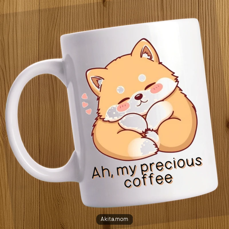 Funny Kawaii Akita mug, depicting a dog curling up contentedly with a soft sigh, embodying ultimate relaxation and cozy vibes.