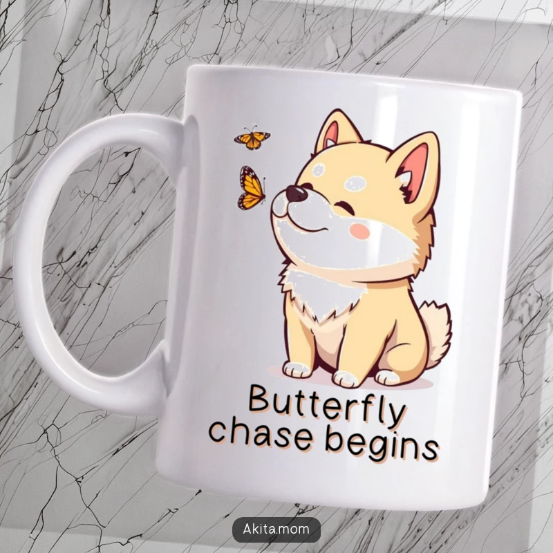 Funny Kawaii Akita mug with a playful head tilt, observing a fluttering butterfly with curiosity and gentle fascination.
