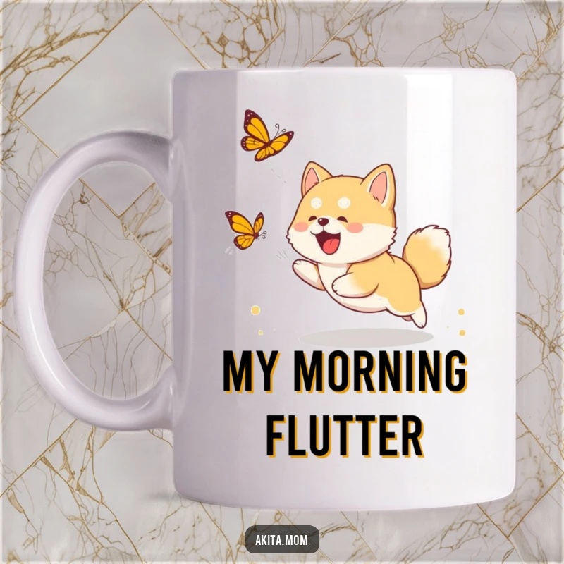 Funny Akita cub mug featuring a happy puppy joyfully chasing a delicate butterfly in a sunny meadow setting.