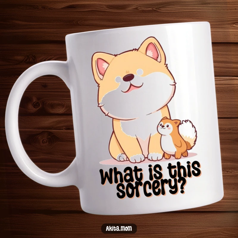 Funny mug featuring an Akita dog with a curious head tilt, intently looking at a fun toy.