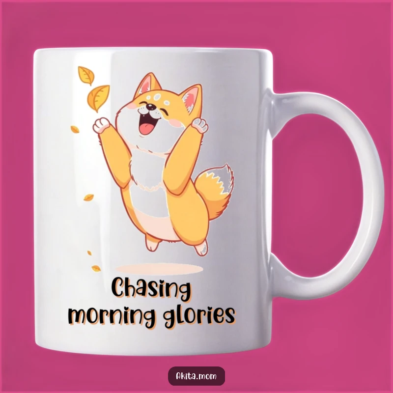 Funny Akita Leaf Chase Mug: Joyful Dog Lover Gift for Akita Owners