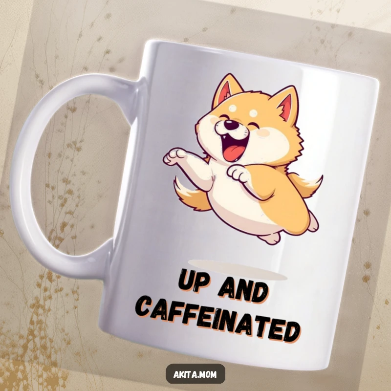 Funny mug showcasing an Akita dog in a dynamic, powerful, yet playful leaping pose, full of joy.