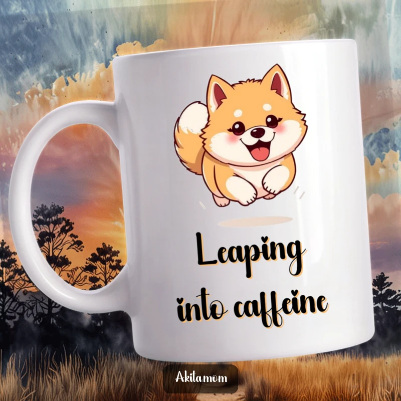 Funny Akita mug featuring a dog bounding forward with pure enthusiasm and energy. A humorous gift for dog enthusiasts.