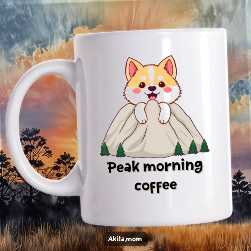 Funny Happy Akita Mug: Smiling dog peeking from behind a large, cheerful mountain, embodying adventure and happiness.