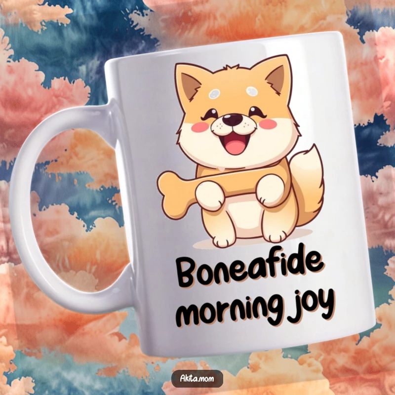 Funny Kawaii Akita dog mug, beaming with a huge smile while proudly holding a tasty bone, radiating happiness.