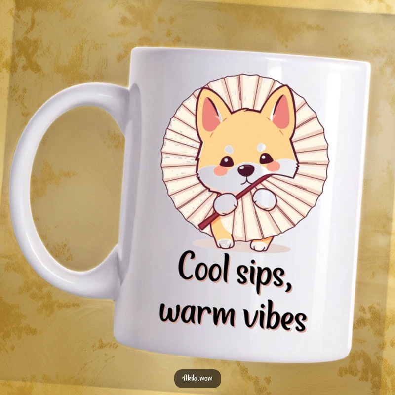 Funny Kawaii Akita dog mug, playfully peeking from behind a large fan, showcasing a cute and humorous hide-and-seek moment.