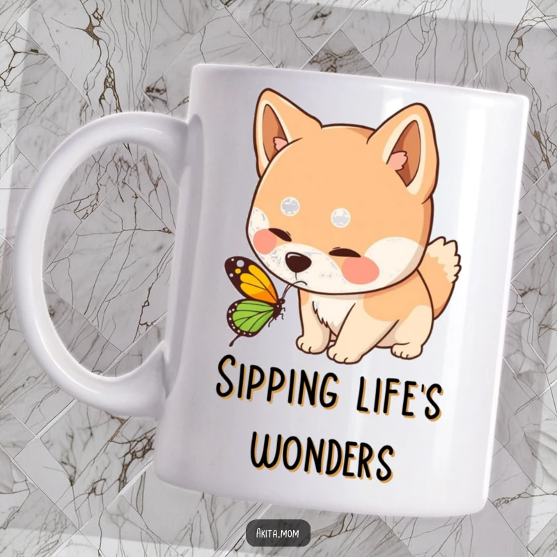 Funny Kawaii Akita dog mug, curiously sniffing a delicate butterfly, showcasing innocence and gentle exploration for nature lovers.