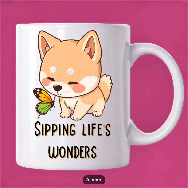 Funny Kawaii Akita Dog Sniffing Butterfly Mug - Whimsical Humor Gift for Nature Lovers!