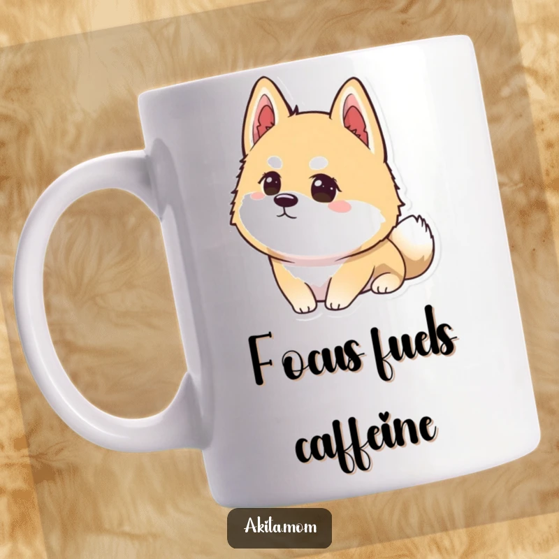 Funny Kawaii Akita mug showing a dog looking intently at a distant point with great concentration, perfect for focused minds.