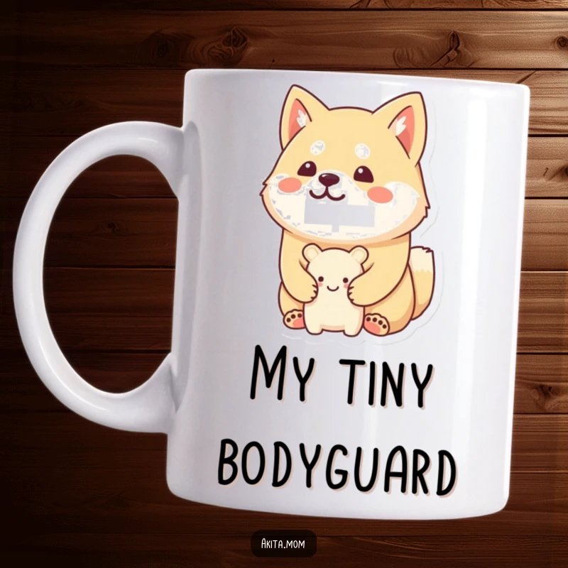 Funny Kawaii Akita mug with a happy, stoic expression, guarding a tiny, smiling toy with unwavering, adorable loyalty.