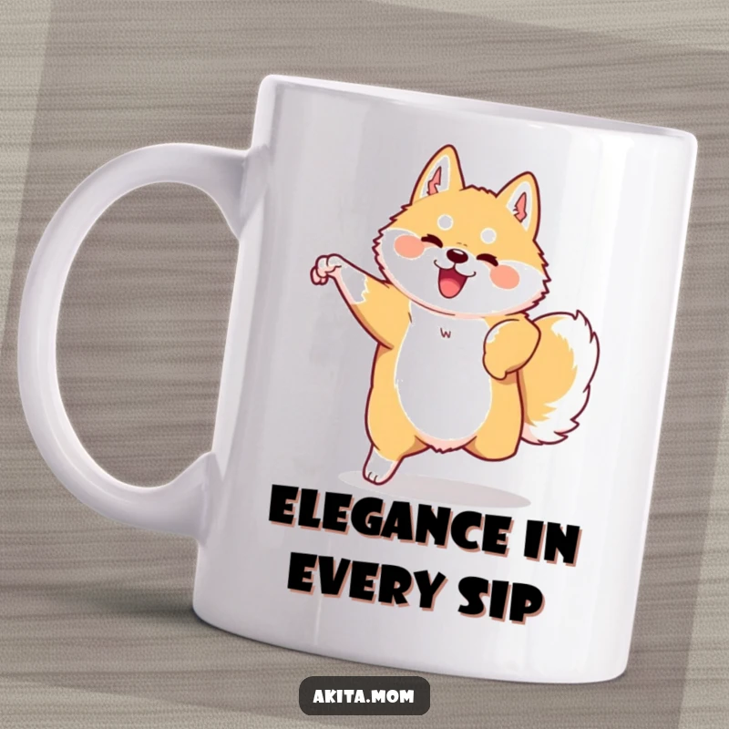 Funny Kawaii Akita mug showing a dog performing a graceful, swift movement with pride. Ideal for Akita lovers.