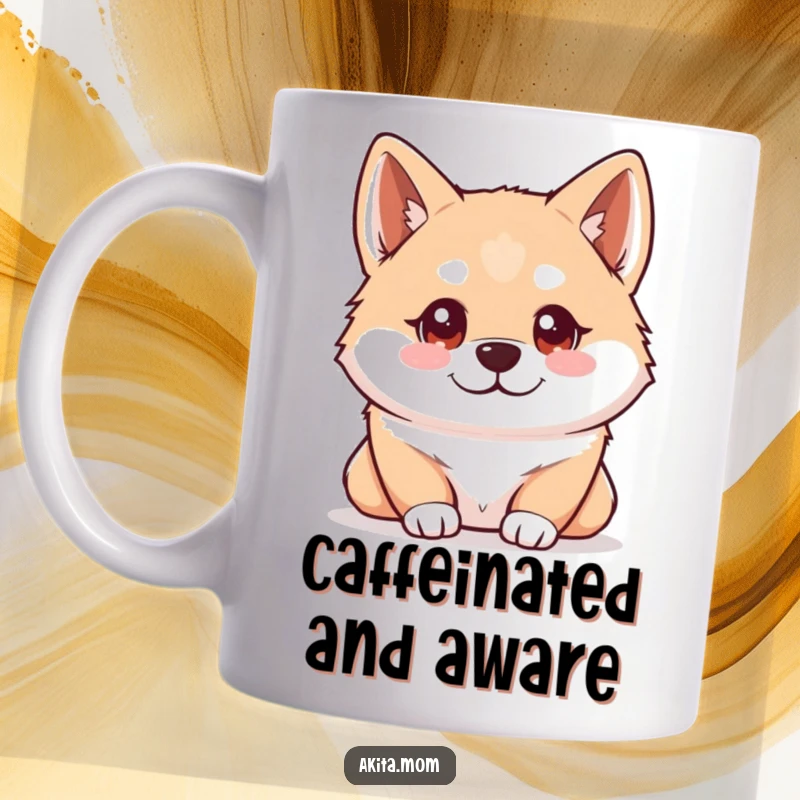 Funny Kawaii Akita mug showing a dog with bright, intelligent eyes keenly observing its surroundings, capturing a moment of thoughtful awareness.