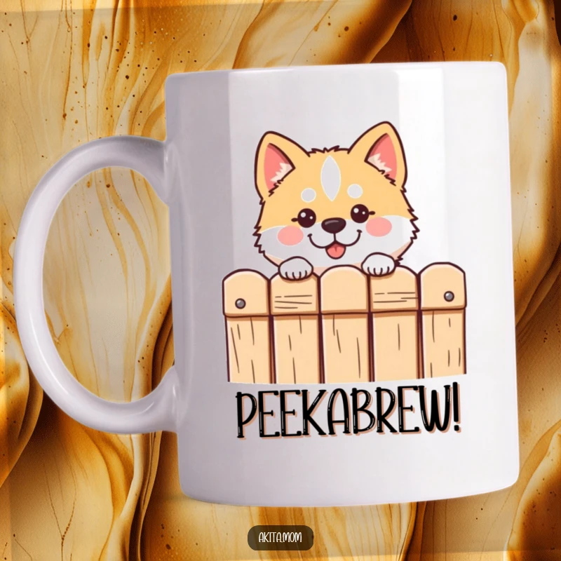Funny Kawaii Akita mug shows a cute dog with a curious expression peering over a fence, radiating friendly intrigue.