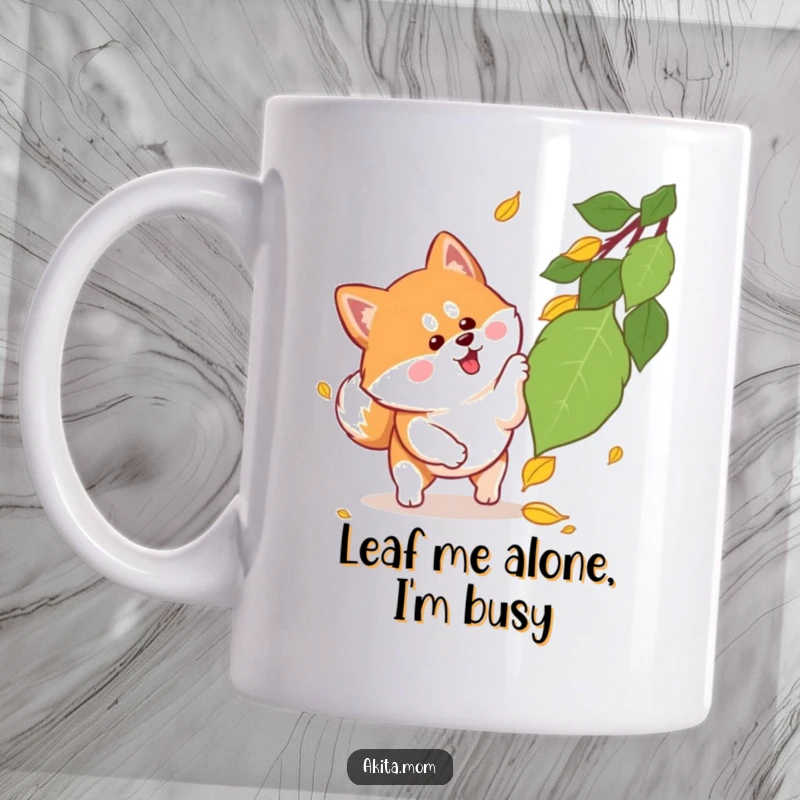 Funny Kawaii Akita mug with alert ears playfully pouncing on an autumn falling leaf, capturing a moment of pure canine joy and excitement.