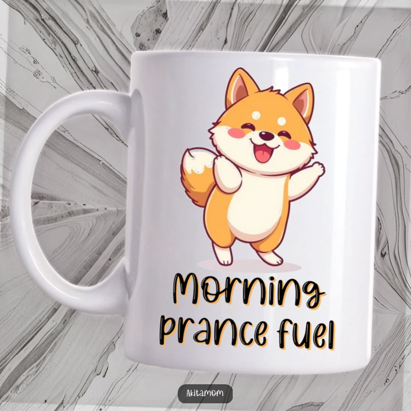 Funny Kawaii Akita Mug: Cute dog character in a funny, spirited prance, radiating energy and adorable charm.
