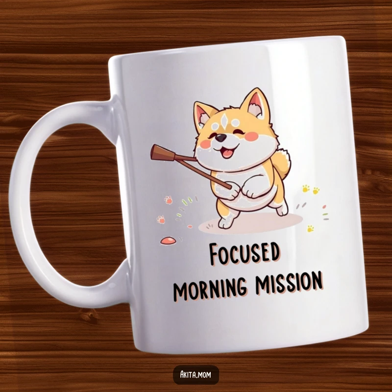 Funny Kawaii Akita dog mug, intensely focused on fetching a stick, showcasing pure canine determination and drive.