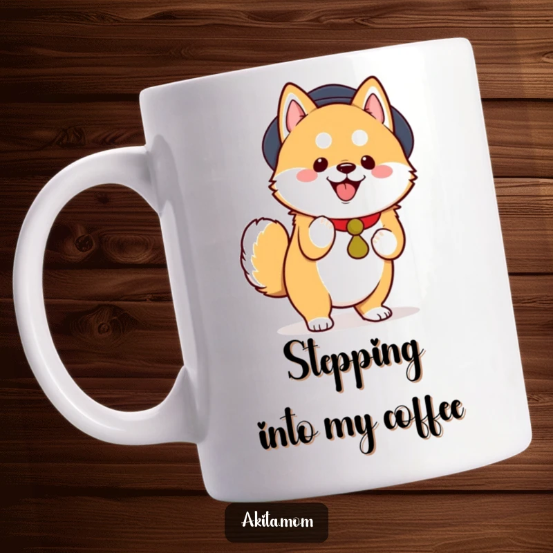 Funny Kawaii Akita Mug, a happy dog performing a dignified, joyful tiptoe, cute and stealthy, wonderful funny gift.