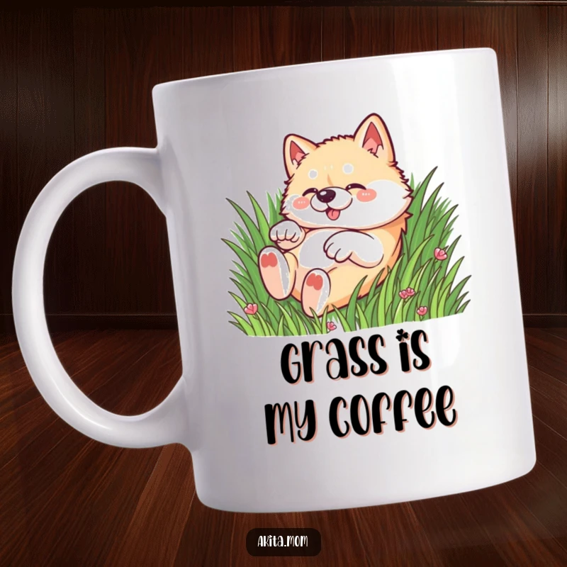 Funny Kawaii Akita dog mug, captured in a playful roll amidst lush green grass, radiating pure joy and freedom.