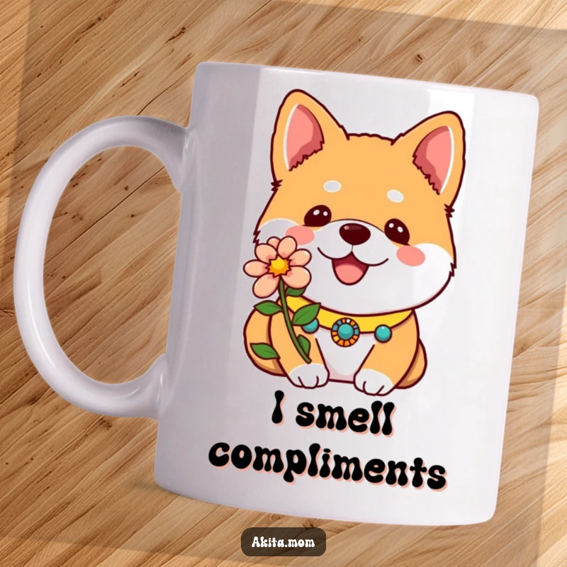 Funny Kawaii Akita Mug with a decorative collar proudly showing off one bright flower, a charming and cute dog art gift.