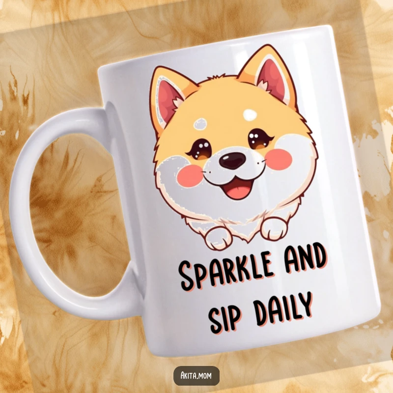 Smiling Kawaii Akita Mug: A cute, smiling kawaii Akita with sparkling, happy eyes, radiating pure joy and cuteness.
