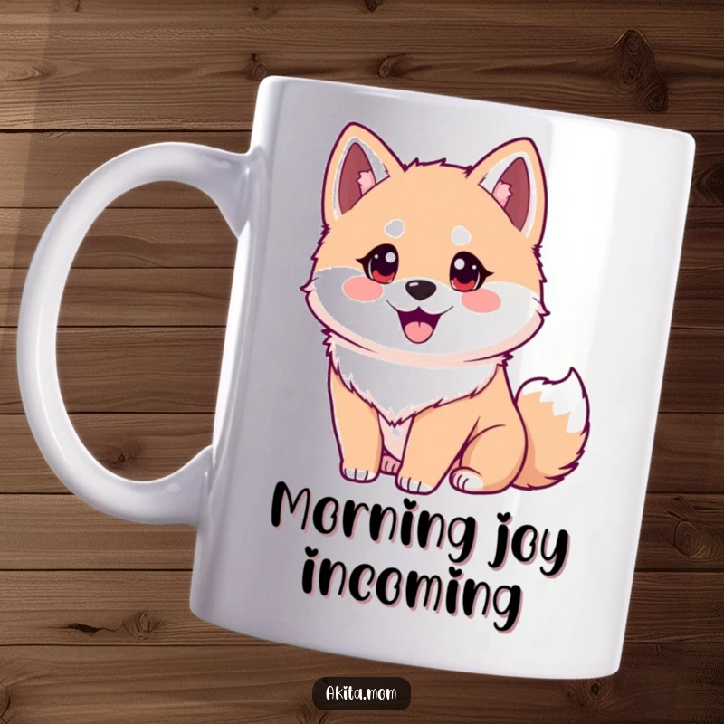 Funny Akita mug featuring a dog with bright eager eyes and a joyful wagging tail. A humorous gift for dog lovers.