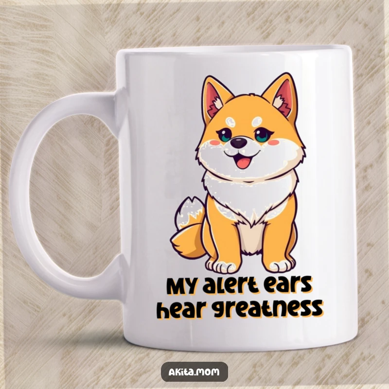 Funny Akita mug featuring a proud Akita striking a heroic pose with alert ears, ready for adventure and laughs.