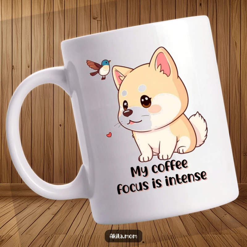 Funny Kawaii Akita mug, with a focused gaze intently watching a distant bird, showcasing its attentive and determined canine nature.