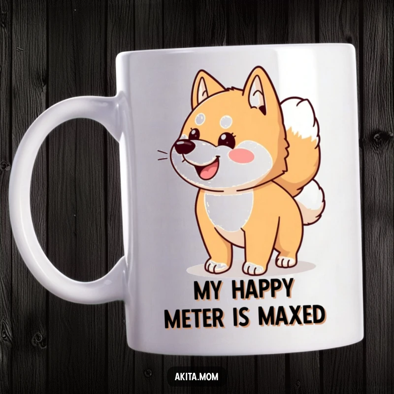 Funny Kawaii Akita dog mug, enthusiastically wagging its tail with pure joy and playful energy, perfect for dog lovers.