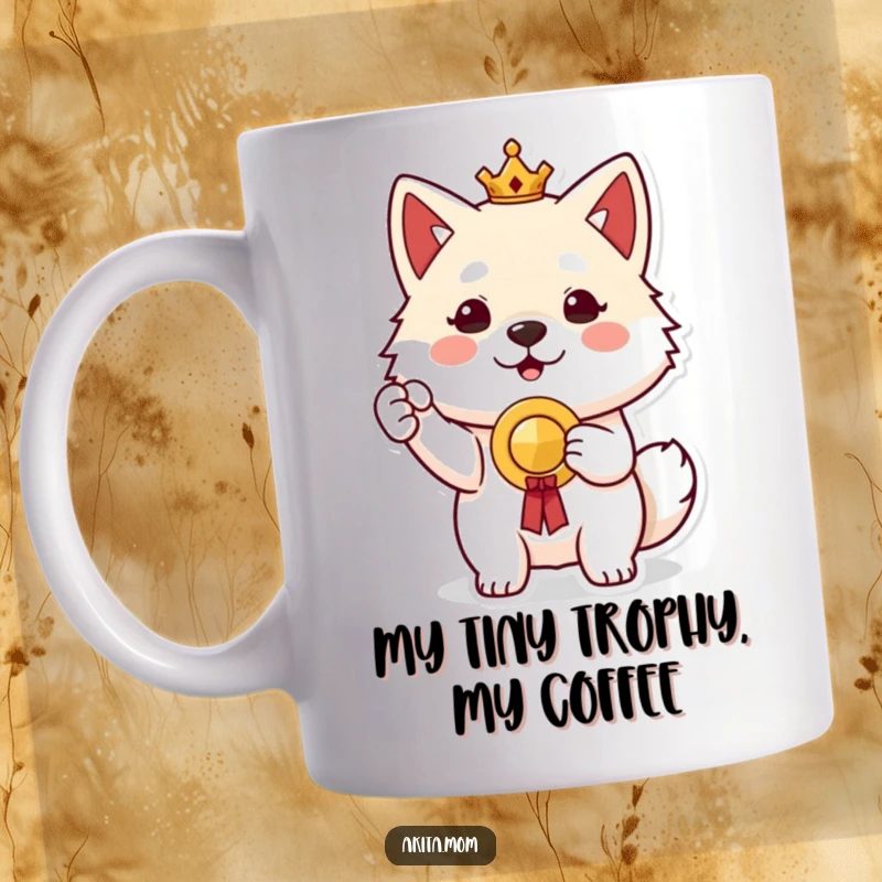 Proud Akita Prize Mug: A proud Akita character holding up a small prize, showcasing accomplishment and a happy, triumphant expression.