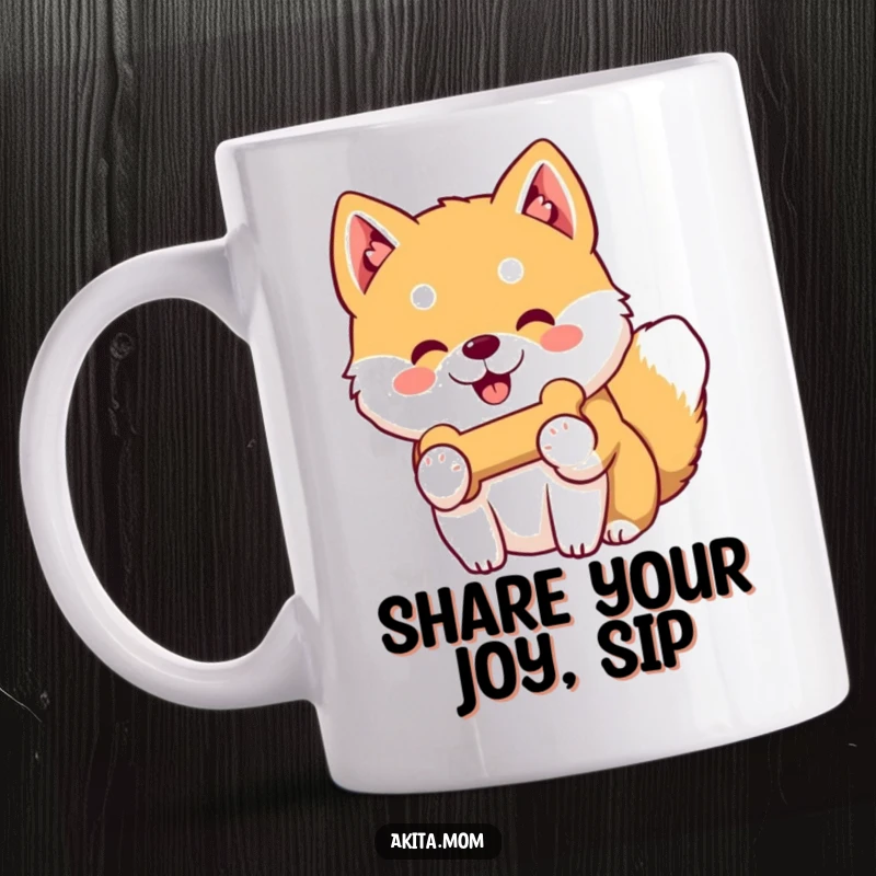 Funny Kawaii Akita mug with a gentle smile, offering a beloved toy bone, exuding kindness and playful generosity.