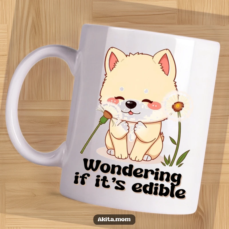 Curious Kawaii Akita Dandelion Mug: A kawaii Akita dog curiously sniffing a giant dandelion, capturing a moment of gentle exploration.