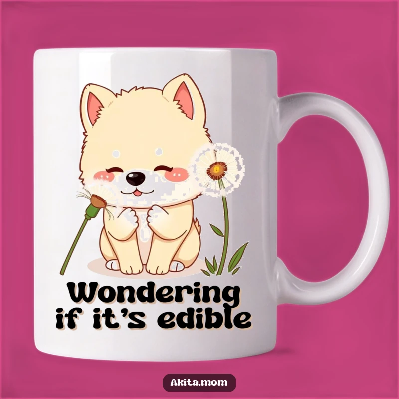 Curious Kawaii Akita Dandelion Mug: Whimsical Dog Lover Gift