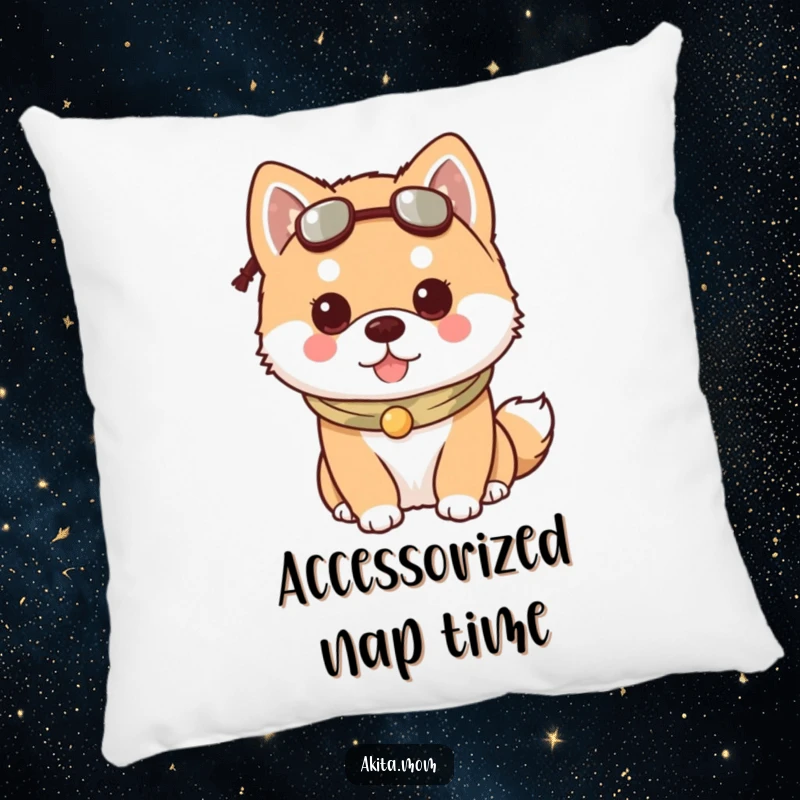 Funny Kawaii Akita dog pillow, featuring a dog wearing a charming accessory, perfect for adding style to comfort.