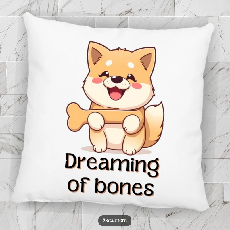 Funny Kawaii Akita dog pillow, depicting a dog with a radiant smile holding its favorite bone, perfect for comfort.