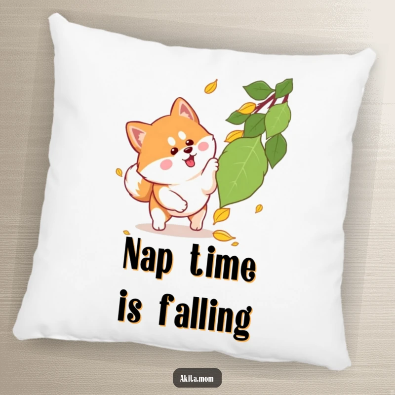 Funny Kawaii Akita pillow featuring a cute dog with alert ears mid-pounce on a falling autumn leaf, perfect for cozy, playful decor.