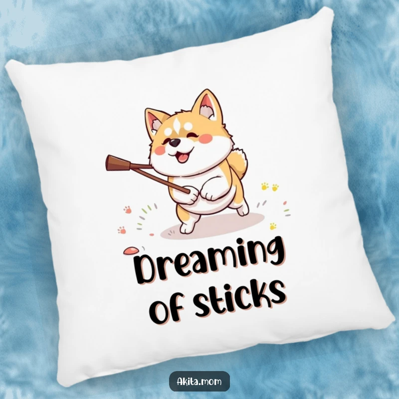 Funny Kawaii Akita dog pillow, featuring a dog with determination fetching a stick, perfect for comfort and motivation.
